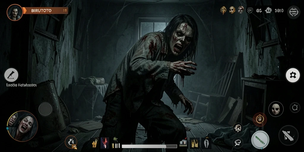 Tangkapan layar gameplay BIRUTOTO menampilkan suasana horor yang menegangkan.