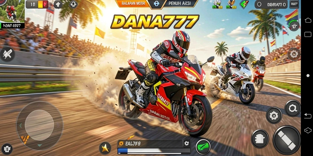 Tampilan seru dari gameplay DANA777 dengan balapan motor memacu adrenalin.