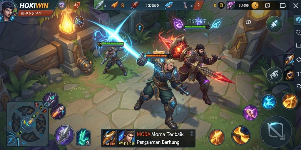 Screenshot gameplay HOKIWIN dengan aksi pertarungan MOBA yang intens.