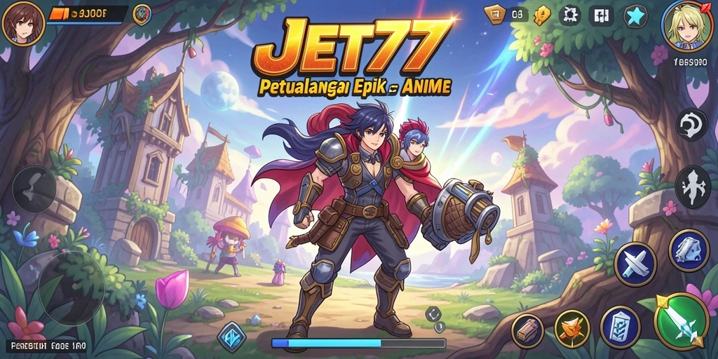 Screenshot dari gameplay JET77 menampilkan aksi karakter anime.