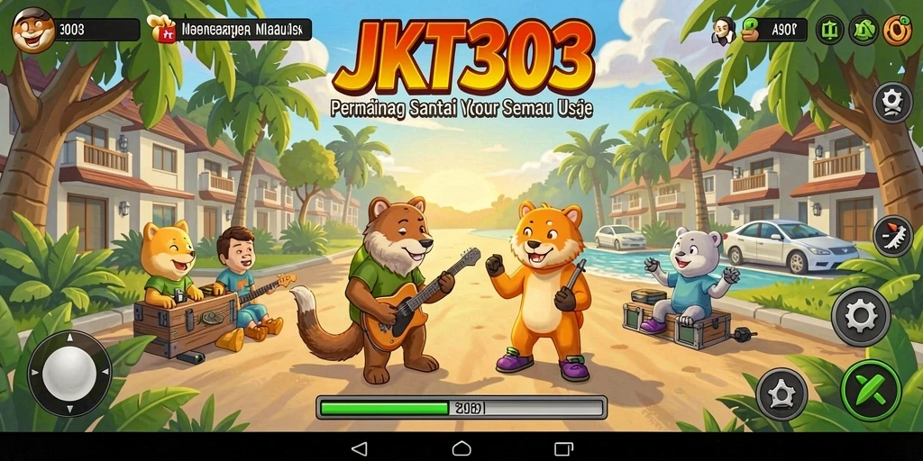 Screenshot utama JKT303 menunjukkan gameplay yang menyenangkan dan penuh warna.