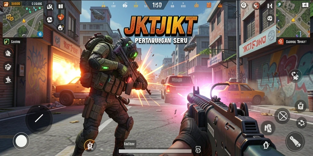 Screenshot utama JKTJKT menampilkan aksi menegangkan dalam pertempuran TPS.