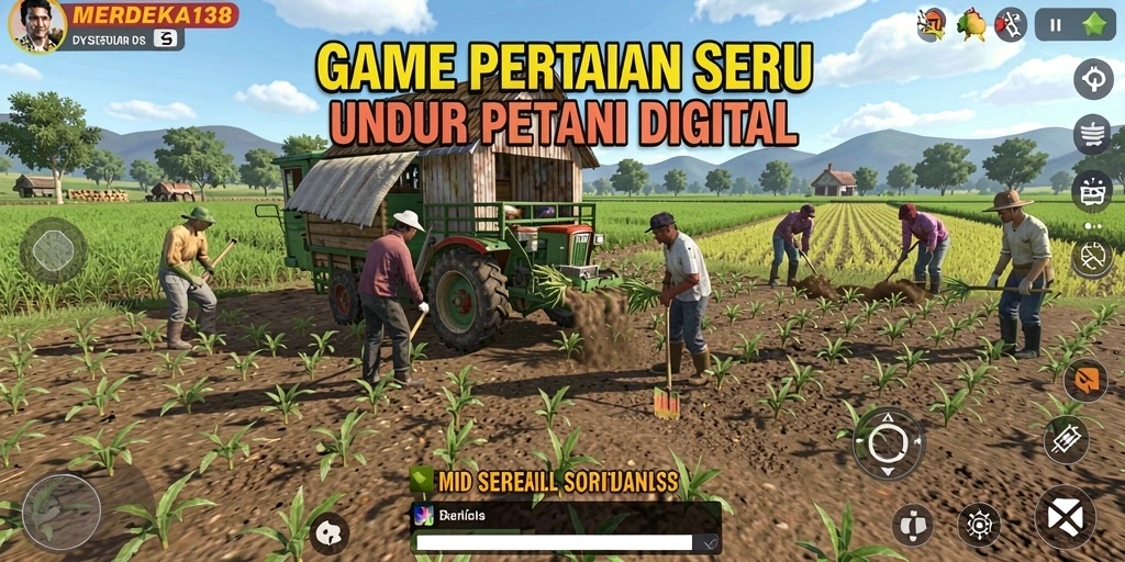Screenshot gameplay MERDEKA138 menampilkan petani yang panen di ladang.