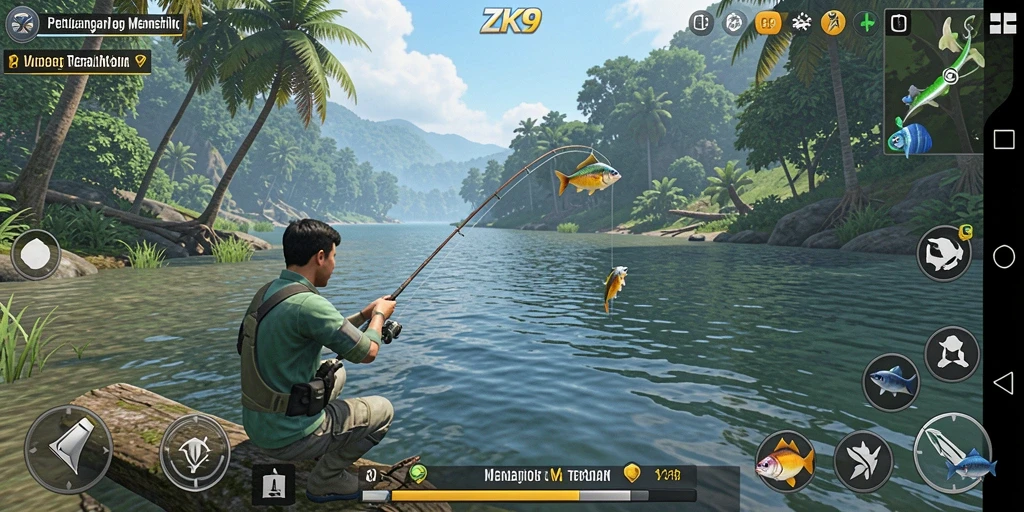 Screenshot gameplay ZK9 dengan fokus pada aksi memancing yang seru.